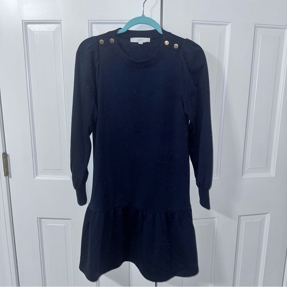 Ann Taylor LOFT Dress Womens Small Black Speckled Long Sleeve Peplum Ruffle